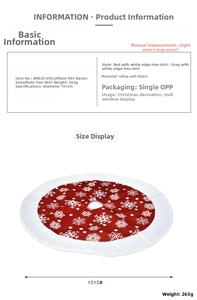 Detail of red Christmas tree skirt with white snowflakes and soft faux fur edge