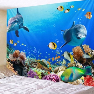 Détail d'une tapisserie murale 3D océan avec dauphins et récifs dans une chambre