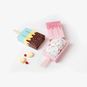 Macaron color popsicle-shaped gift boxes with strawberry pattern socks and ribbon bow
