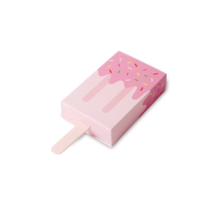 Pink popsicle-shaped paper gift box with colorful sprinkles and a wooden handle