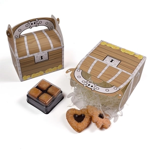 Brown pirate treasure chest cardboard gift box with wood grain pattern and handle