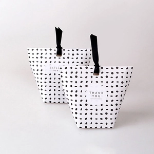 Polka dot white gift boxes with black ribbons and thank you tags, 2 pieces pack