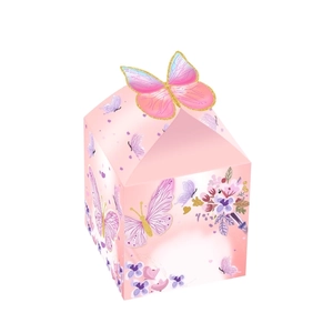 Pink butterfly gift box for candy with 3D gold-edged butterfly decor and floral patterns