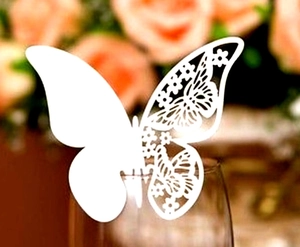 3D hollow laser-cut white butterfly paper cards for wedding wine glasses and place settings