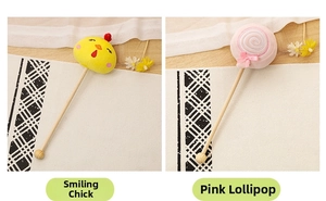 Plush cartoon massage hammers with wooden handles in chick and lollipop designs