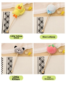 Detail of cute plush massage hammers in chick, lollipop, cat, and strawberry designs