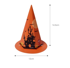 Detailed size dimensions for orange Halloween pointed hat candy box with castle pattern