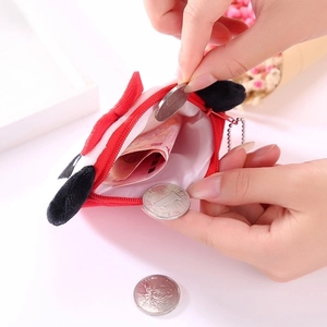 Cute round plush ladybug coin purse with zipper closure and portable chain for storage