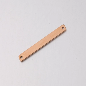 Polished rose gold stainless steel rectangle connector with double holes on white background