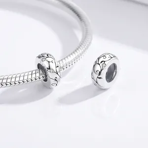 S925 sterling silver floral vine charm with cubic zirconia on snake chain bracelet