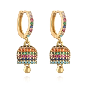Elegant gold bell earrings featuring colorful rainbow zircon stones on white background