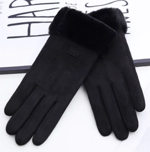 Detail view of black winter gloves with soft plush cuffs and faux suede thermal texture