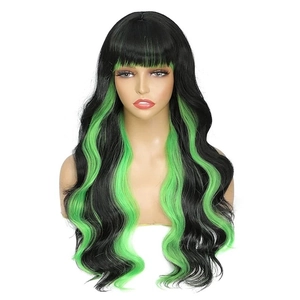 Detail of long wavy black wig with green highlights and flat bangs on a mannequin