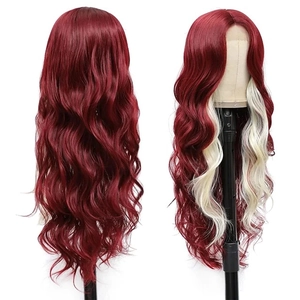 Detail of dark red long wavy wig with blonde face-framing highlights from front and back