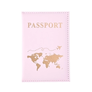 Pink PU leather passport holder with golden hot-stamped world map and passport lettering