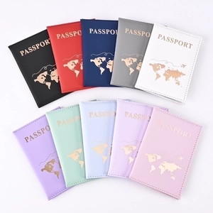 Flat skin texture PU leather passport covers in ten colors with gold foil world map
