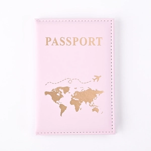 Pink PU leather passport holder with gold foil world map and airplane flight path design