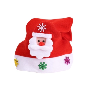 Red plush LED Christmas hat featuring a 3D Santa Claus applique and colorful snowflakes