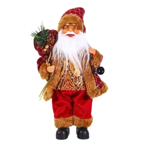 Classic 12-inch standing Santa Claus doll with red gold suit and gift bag ornament