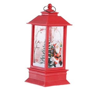 Red Christmas lantern with Santa Claus and snowman motifs for holiday tabletop decoration