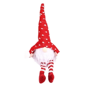 Christmas gnome doll with red and white striped knit hat and long white beard on white background