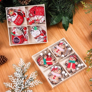 Wooden Christmas ornaments set with gingerbread man and coffee cup figures in a gift box