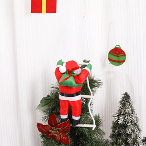 Detail of Santa Claus plush doll climbing a red and white rope ladder for Christmas decor