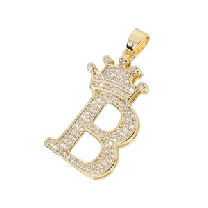 Hip hop style gold crown pendant necklace with micro-paved cubic zirconia letter B charm