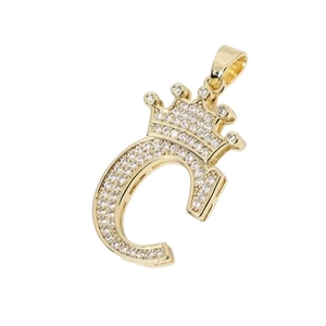 Gold crown initial C pendant necklace with sparkling cubic zirconia on white background