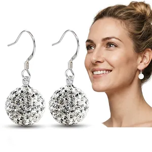 925 Sterling Silver Shamballa pavé ball drop earrings with sparkling crystals for women