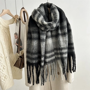Plaid mohair scarf with tassels in black and grey gradient, stylish winter neck wrap