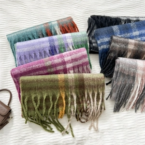 Thick mohair-like plaid scarves for women with tassels in various trendy colors