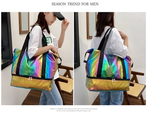 Detailed view of holographic gym bag showing a separate shoe compartment and wet pocket
