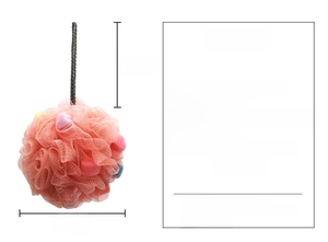 Detail of pink 50g mesh bath sponge flower showing 13cm diameter and hanging cord