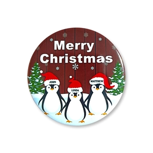 Customized Christmas badge with penguins and names John Linda and Matthew decoration