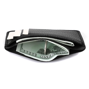 Detail view of ultra-thin black PU leather card holder with multiple slots and money compartment