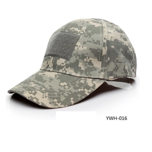 Detail of digital camouflage tactical cap with velcro patch area and stitched brim