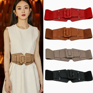 Women Wide Elastic Waist Belt Faux Leather Wrapped Buckle Corset Cinch Belt With Studs For Dresses Coats Fashion Accessories