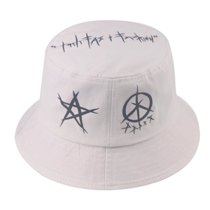 White cotton graffiti bucket hat with black star print and street style lettering design