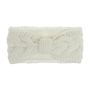 Close-up of white cable knit headband with warm fleece lining and bow detail