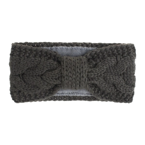 Detail of dark grey cable knit headband with thick fleece lining for ear protection