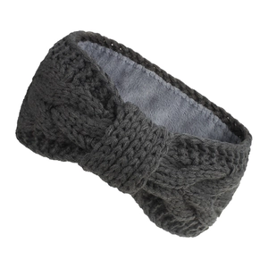 Detail view of dark grey cable knit headband with thick fleece lining for winter warmth