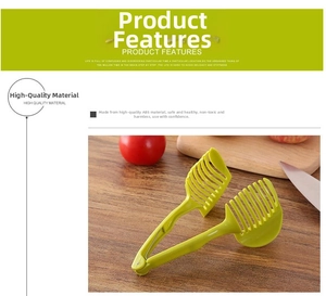 Macro view of bright green ABS slicer guide tool for uniform tomato and onion slices