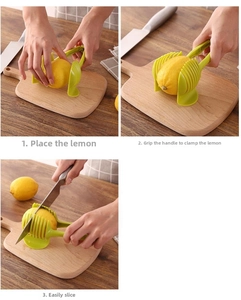 Three-step guide for using the green lemon slicer holder on a wooden cutting board