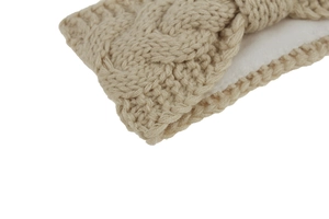 Detail of cable knit pattern and thick fleece lining on beige winter headband