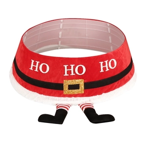 Red Santa Claus Christmas tree skirt with HO HO HO text and legs on white background
