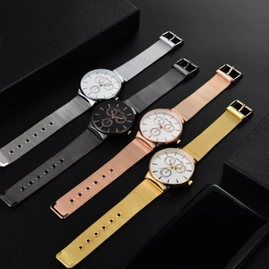 Minimalist quartz wristwatches with three-eye dial and metal mesh straps in four colors