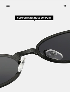 Detail of metal oval sunglasses featuring comfortable soft silicone nose pads