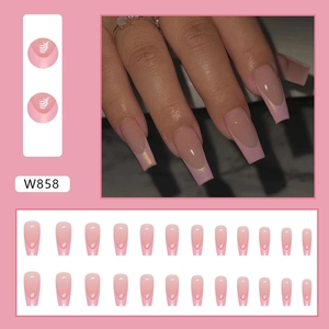 Pink gradient French coffin press-on nails with fine gold glitter accents and glossy finish