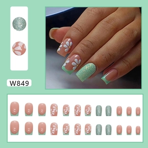 French floral press-on nails in mint green and nude pink with glitter, 24 piece set